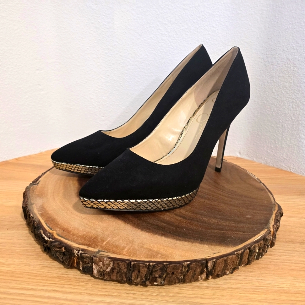 *Rare* Jessica Simpson Analista Black Suede Gold Pump Heel